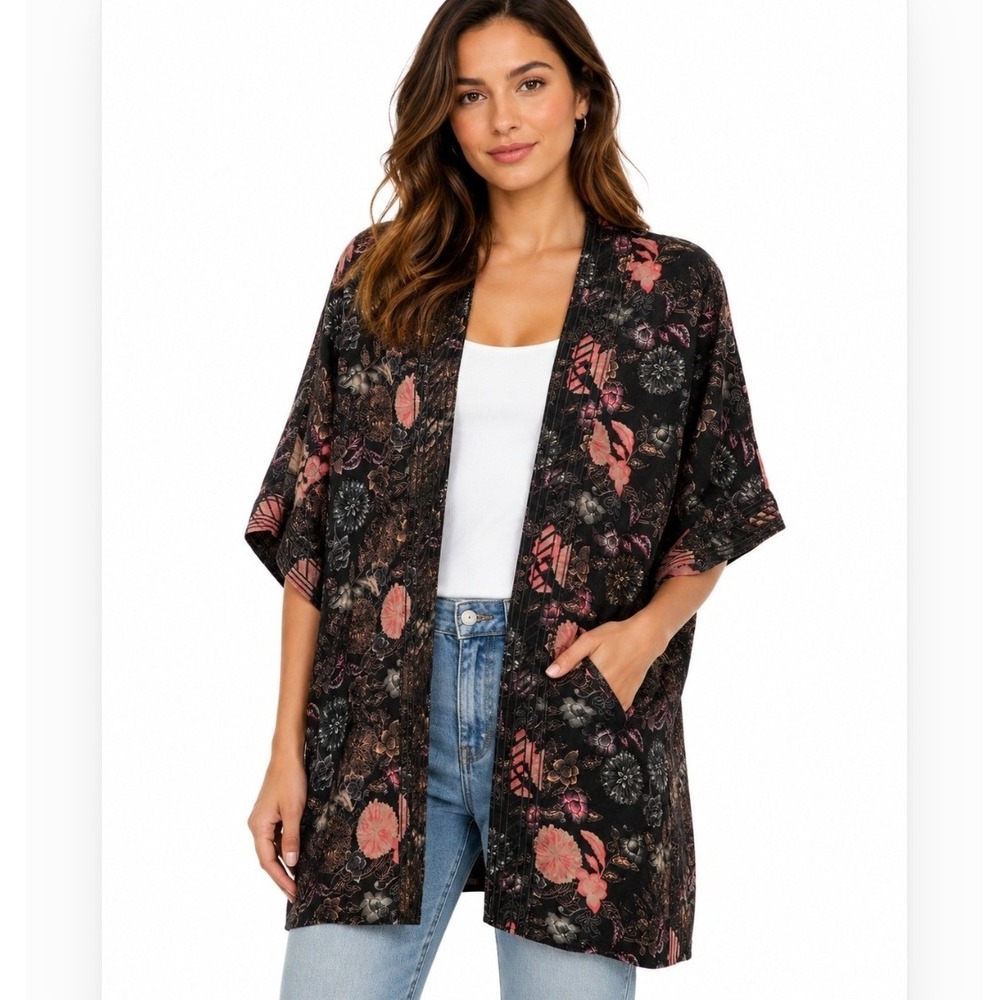 Next Floral Kimono Wrap Women 14 Black Pink Pintuck Open Front Cardigan